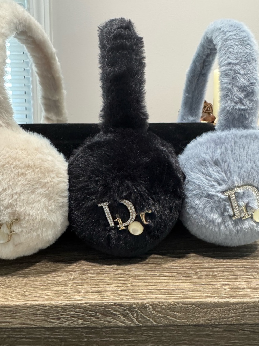 Faux Fur Ear Muffs with Rhinestone Accent - Black